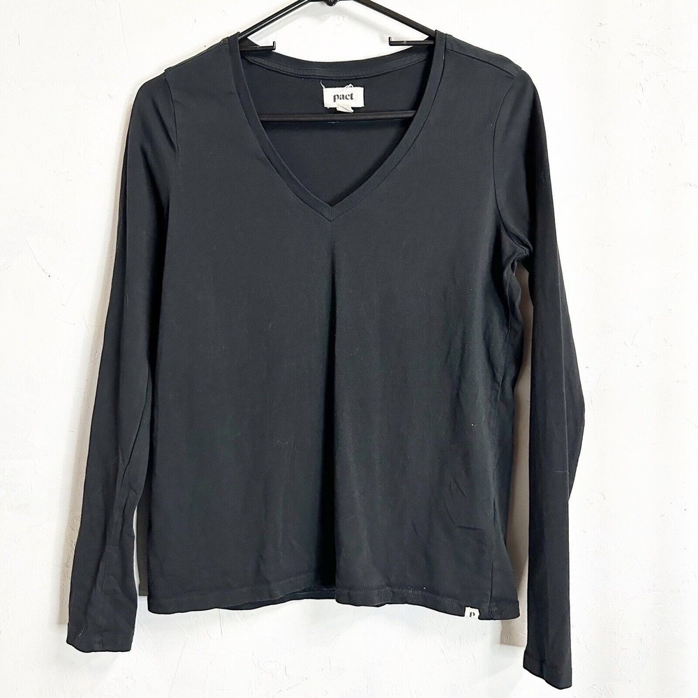 Pact Long Sleeve V Neck Black Womens Top Shirt Medium Organic Cotton Comfort